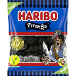 Haribo Piratos confectionery snacks featuring black licorice candies in a clear bag with colorful branding.