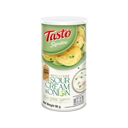 TASTO Signature Home Fried Sour Cream & Onion snack can, 90g, featuring crispy chips with sour cream and onion flavor.