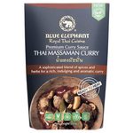 Blue Elephant Massaman Curry Sauce in a jar, showcasing the vibrant label and packaging for grocery use.
