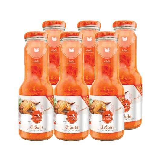 Six J-LEK Chicken Dipping Sauce glass bottles, 390g each, with clear glass bottles showing golden sauce inside.