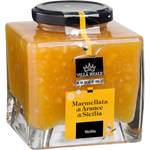 Jar of Campo Sicilian Oranges Jam with orange slices and jam spread on a spoon, showcasing fresh citrus flavor.