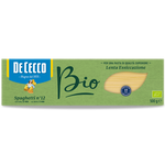 De Cecco Bio Spaghetti #12, uncooked organic pasta in a clear package, ready for cooking, from the De Cecco grocery product line.