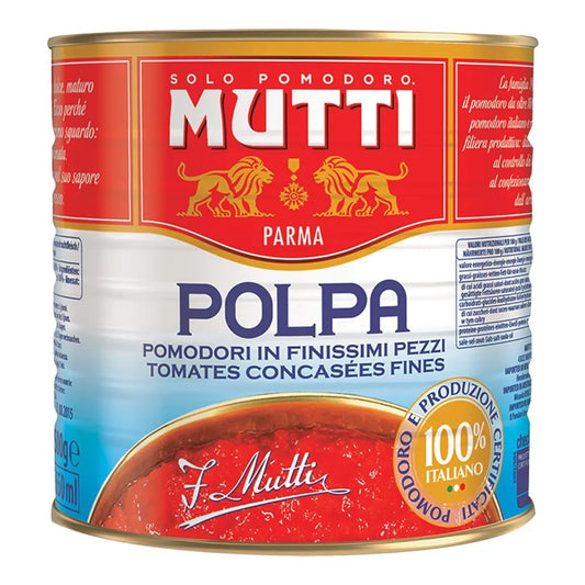 MUTTI Pomodoro tomato sauce in a 2.5 kg jar, featuring fresh, ripe tomatoes and natural ingredients for cooking and sauces.