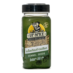 United Fennel Seeds in a clear glass jar, showing small greenish-brown seeds used in cooking and baking.
