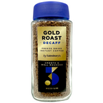 Sainsbury's Gold Roast Decaffeinated Instant Coffee in a jar, showing the coffee granules and label on the container.