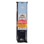 Arrighi Spaghiettini #5 pasta in a clear package, showing thin spaghetti-style noodles for cooking and dining.