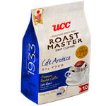 Ucc Roast Master Cafe Arabica drip coffee drink in a clear glass with ice, showing a refreshing coffee beverage with a frothy top.