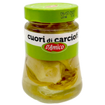 Canned D'Amico Artichoke Hearts in brine, packed in a jar, showing whole artichoke hearts with green leaves and tender interior.