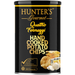 Hunter's Potato Chips Quattro Formaggi, savory confectionery snack with crispy chips topped with four cheese flavors
