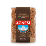 Agnesi Wholewheat Penne Rigate pasta in a clear container, showcasing the golden wholewheat pasta shape and texture.