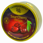 Cavendish & Harvey Sour Cherry Drops in a clear jar showing bright red cherry-shaped candies with a sour coating.