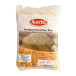 Aachi Thanjavur Ponni Raw Rice grains in a bowl, showcasing fresh, uncooked rice from the Aachi grocery brand.