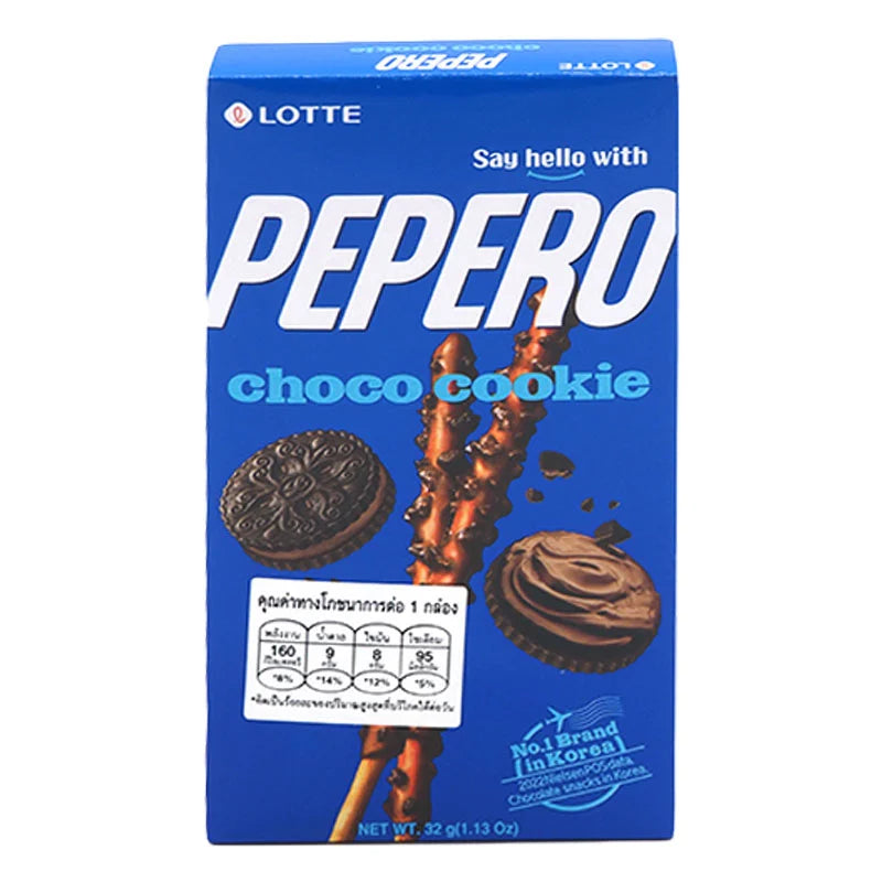 LOTTE Choco Cookie Biscuit Stick, 32g, showing crispy biscuit sticks coated with chocolate in a colorful package.