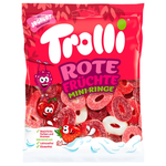 Trolli Red Fruits Fruit Mini Rings confectionery snacks with colorful gummy rings in red, orange, and yellow on a white background.