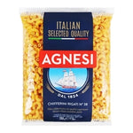 Agnesi Chifferini Rigati No.38 dry pasta in 500g pack, featuring ridged, twisted noodle shape from the Italian pasta brand Agnesi.