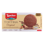 Loacker Tortina Original confectionery snack featuring chocolate and wafer layers in a close-up view.