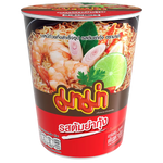 Mama Cup Noodle Tomyum Kung, instant noodle cup with spicy shrimp Tomyum flavor, ready to enjoy with visible noodles and herbs.
