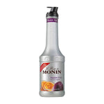 Bottle of MONIN Passion Fruit Mix, 1000ml, for cocktails and culinary use, featuring bright passion fruit flavor and vibrant packaging.
