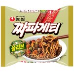 Nong Shim Chapaghetti instant noodles in a bowl with chopsticks, showcasing Korean grocery product with spicy noodle flavor
