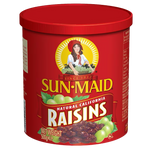 Sunmaid Raisins in a clear glass bowl, showcasing plump, sweet dried grapes perfect for snacks or baking.