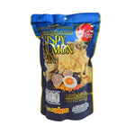 O-YUA Crispy Salmon Skin snack with truffle and salted egg flavor, showcasing golden-brown crispy salmon skin pieces.