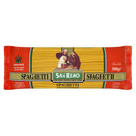 San Remo Spaghetti pasta in a grocery package, showcasing long, thin wheat pasta noodles ready for cooking.