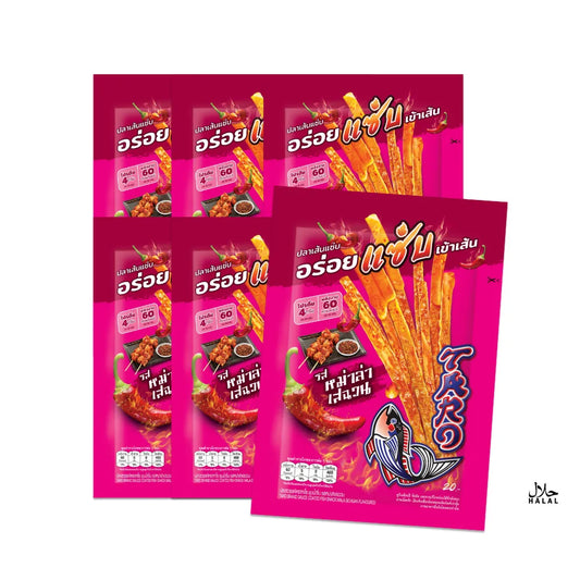 TARO Mala Sichuan flavored fish snack in six 18g packs, featuring coated fish pieces with spicy Sichuan seasoning.