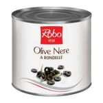 Robo Slice Black Olives in 2.4kg pack, dry grocery product, featuring sliced black olives in a clear container.