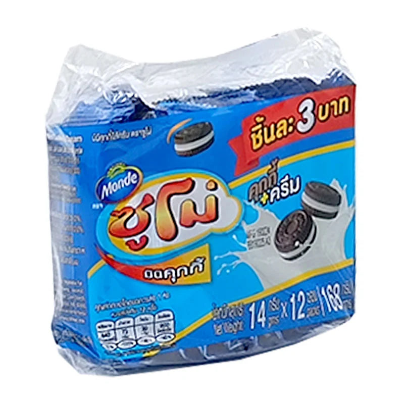SUMO Cookies Cream snack box with twelve 14g packets, featuring creamy cookie flavor in colorful packaging.