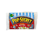 A bowl of Pop Secret Secret Movie Theater Popcorn with buttery, salted popcorn pieces in a clear bowl.
