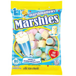 Marshies Vanilla Marshmallows, soft and fluffy confectionery snacks with vanilla flavor, shown in a close-up image.