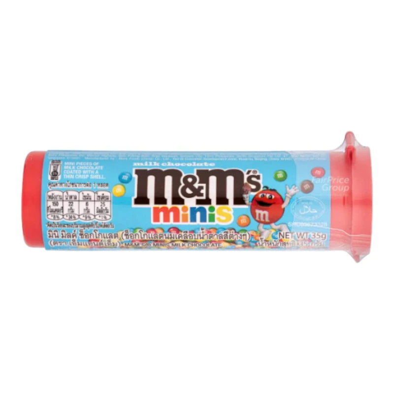 Six packs of M&M Mini Tube 35g, colorful chocolate candies in small tubes arranged together.
