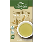 A glass cup of brewed Ranong Tea Oolong Tea with a golden amber color, showcasing the rich, aromatic drink from Ranong Tea brand.