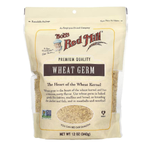 Bob's Red Mill Wheat Germ in a clear grocery package, showing golden wheat germ ready for baking or health recipes