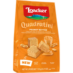Loacker Quadratini Peanut Butter confectionery snacks featuring square wafer cookies with peanut butter filling.