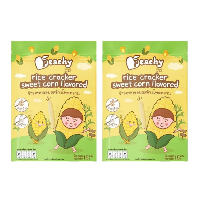 Peachy Crispy Rice Snack with chocolate, banana, and sweet corn flavors in two sachets, featuring colorful packaging.