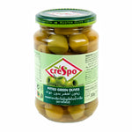 Crespo pitted green olives in 333g jar, showing shiny, green olives ready to eat in a clear jar with label.