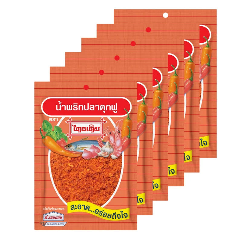 THAIDERM Pladukfu Chili Flake 22g packet, close-up of vibrant red chili flakes in clear packaging, for spicy culinary use.