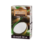 Coconut milk in a can from Chaokoh, creamy Thai grocery product, with a smooth, white liquid visible in the image.