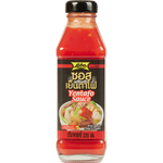 Lobo Yentafo sauce bottle, Thai-style grocery condiment with spicy and savory flavor, in clear plastic packaging.