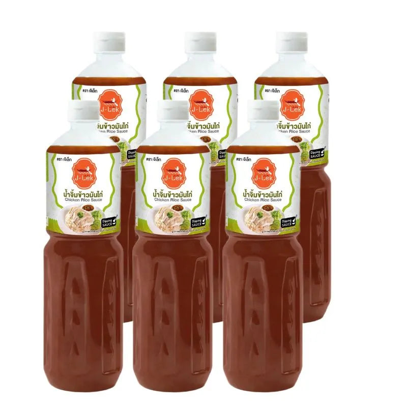J-LEK Chicken Rice Dipping Sauce bottles, 560g each, set of six, showing the dark soy-based sauce in clear glass bottles.