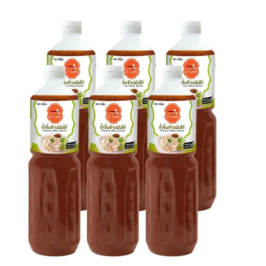 J-LEK Chicken Rice Dipping Sauce bottles, 560g each, set of six, showing the dark soy-based sauce in clear glass bottles.