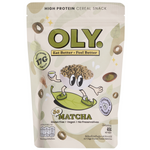 Oly High Protein Cereal Matcha in a bowl, featuring green matcha-flavored cereal with milk, on a white background.
