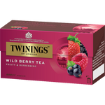 Twinings Wild Berry Tea drink in a clear glass cup, showcasing vibrant berry-infused tea with fresh berries and tea leaves visible.