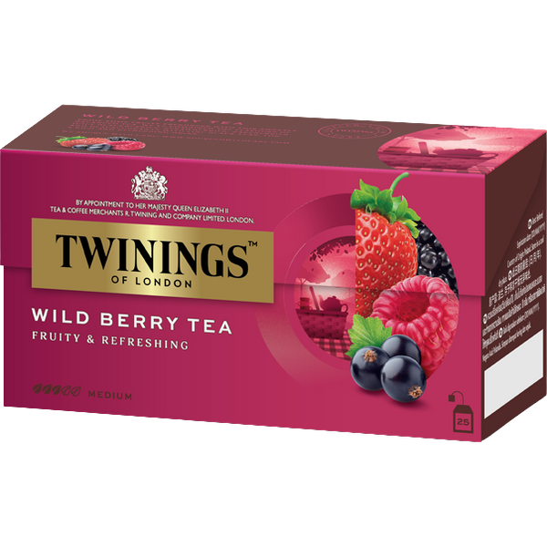 Twinings Wild Berry Tea drink in a clear glass cup, showcasing vibrant berry-infused tea with fresh berries and tea leaves visible.