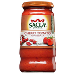 Spaghetti pasta with Sacla Arrabbiata sauce in a bowl, showcasing red chili pepper and tomato-based Italian sauce.