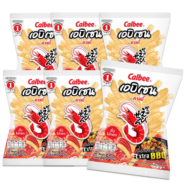 Calbee Extra Barbecue Flavored Snacks 50g, crispy snack pack with savory barbecue seasoning, 20 packs in a 6-box bundle