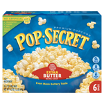 Pop Secret Extra Butter popcorn in a bowl, showcasing golden, buttery popcorn pieces from the confectionery snack brand.