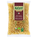 Organic Naturel Durum Wheat Macaroni in a clear package, showing the pasta shape and branding for natural grocery shopping.