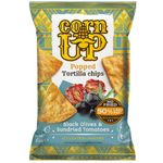Corn Up Tortilla Chips with black olives, savory confectionery snack in a clear bowl, showcasing crispy chips and black olive pieces.